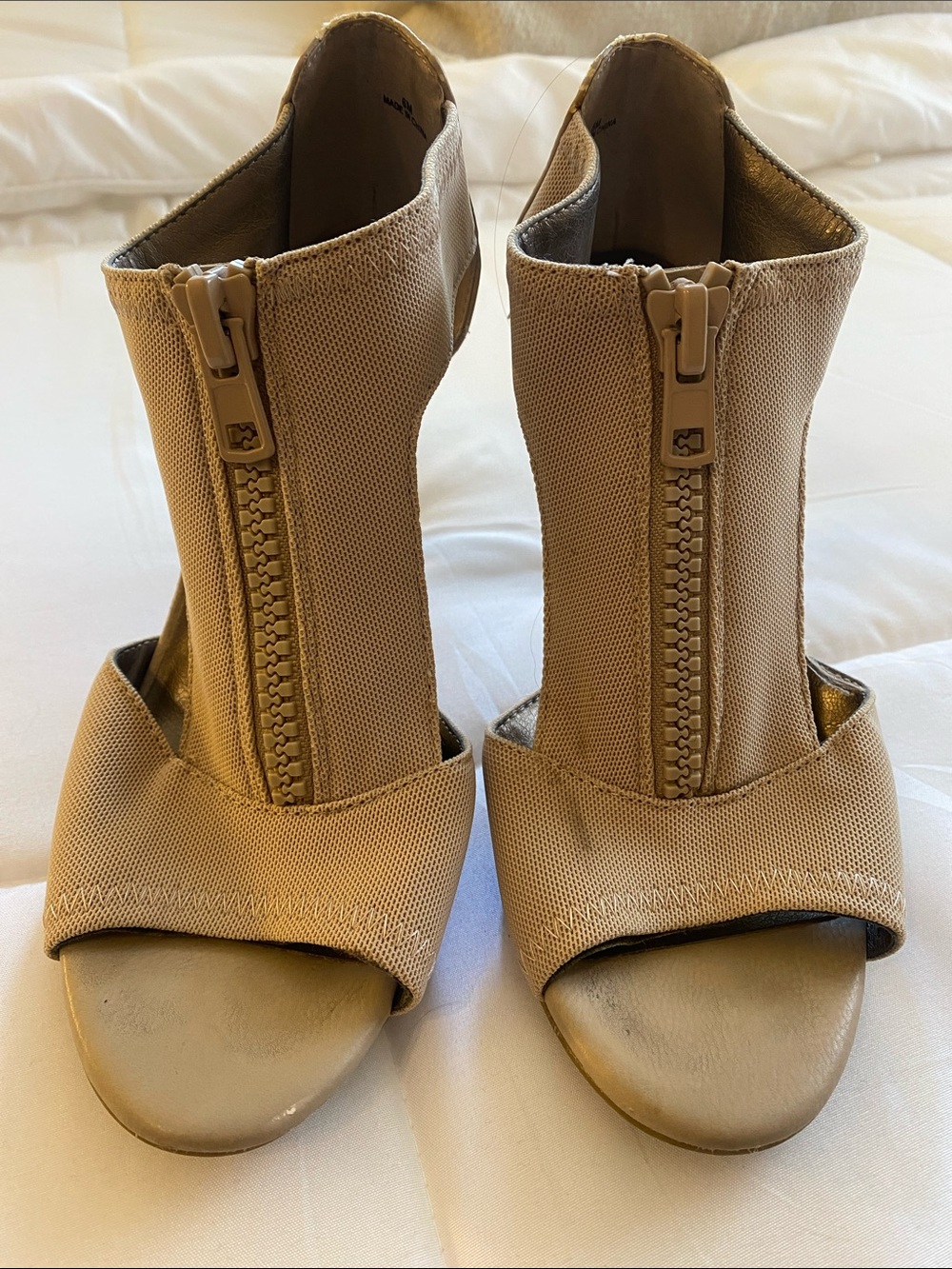 Moda Spana Beige Front-Zip Open-Toe Heels